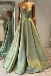 Green Simple A Line Satin Spaghetti Straps Long Semi Formal Prom Dresses